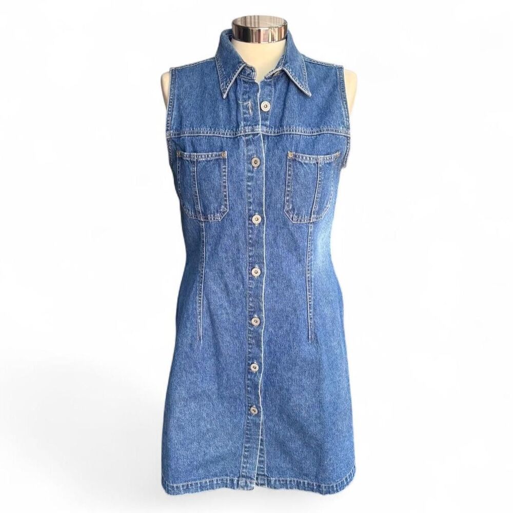 Vintage 90s Bill Blass Jeans Button Front Denim Sleeveless Dress Small